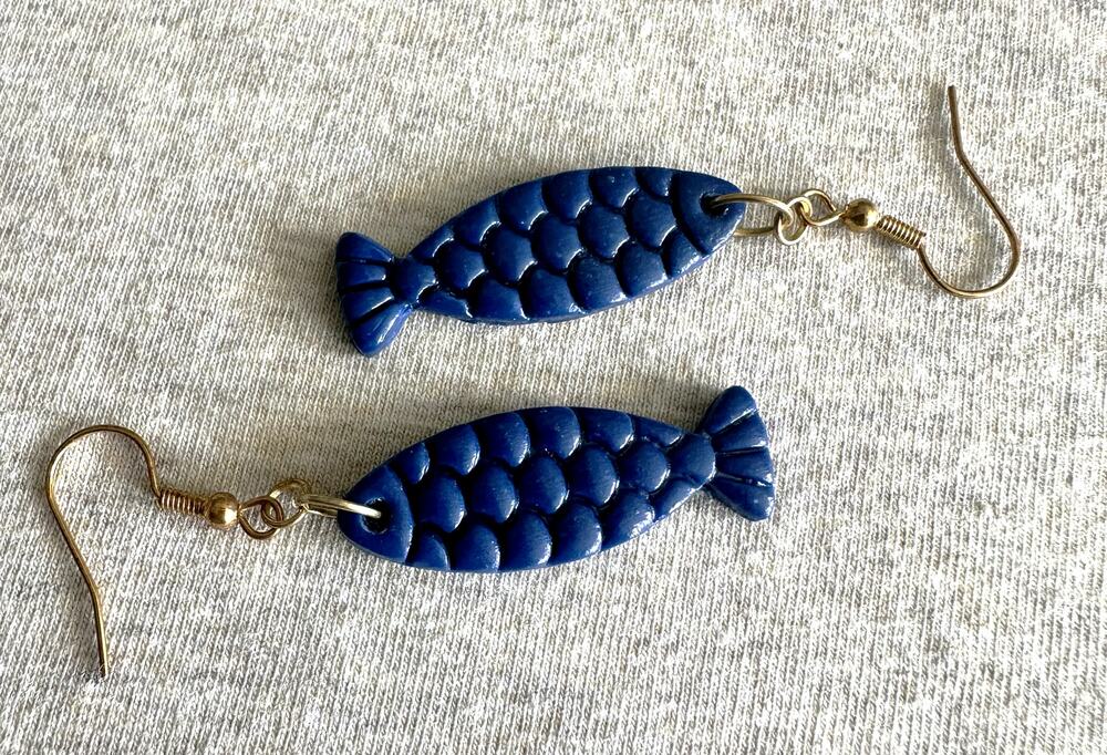 Handmade Navy Fish Polymer Clay Earrings